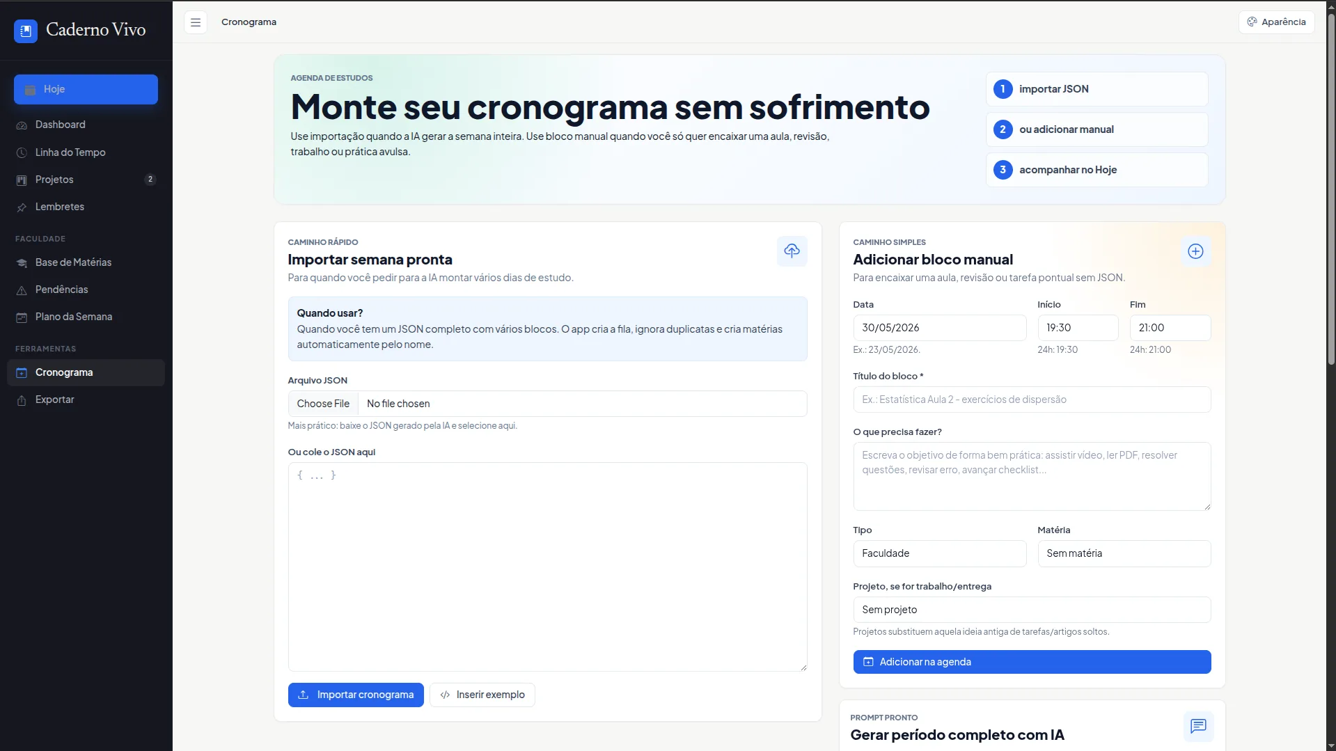 Tela de cronograma com importação via JSON e adição manual de blocos