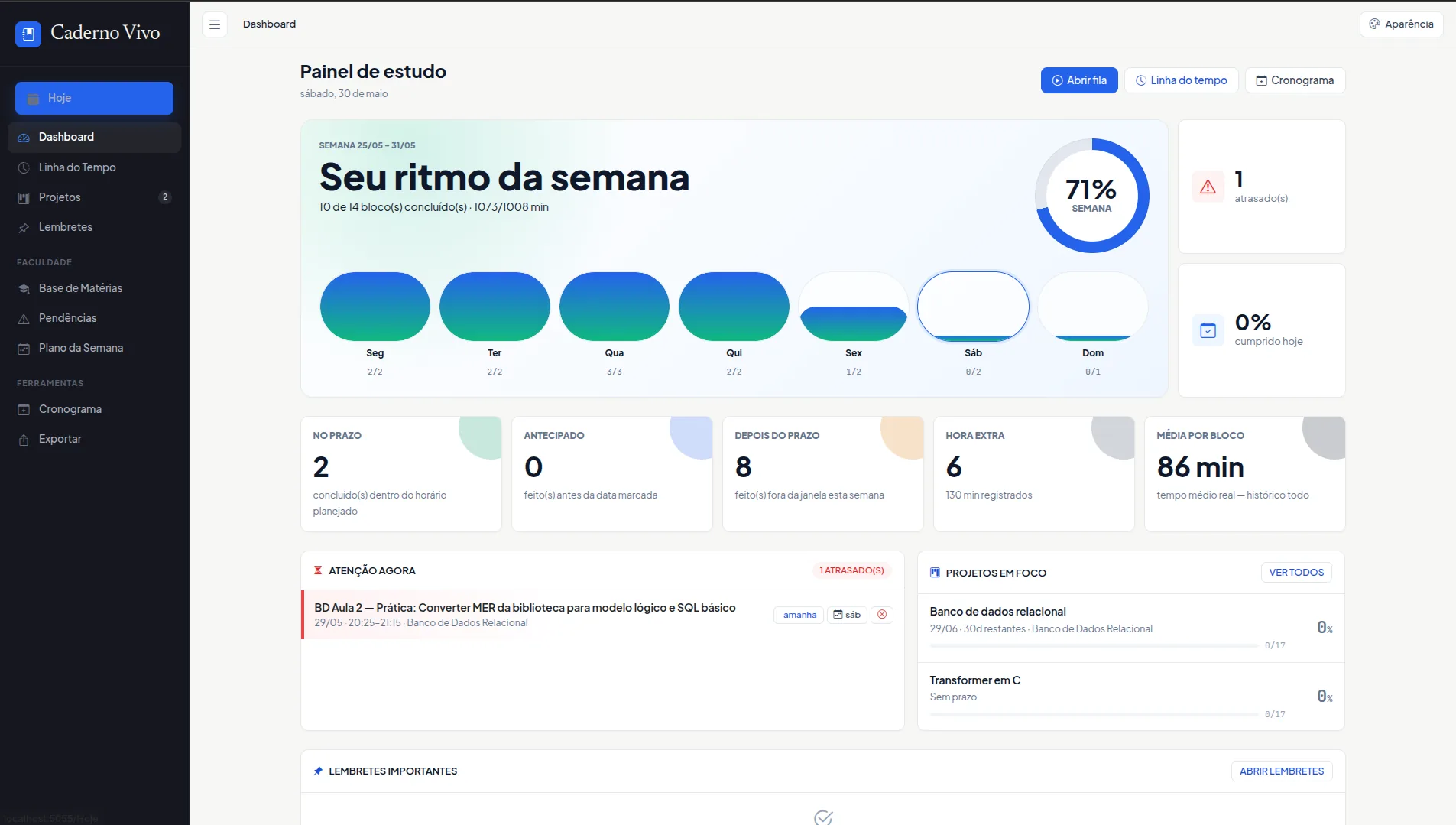 Dashboard do Caderno Vivo mostrando ritmo da semana, métricas e projetos em foco
