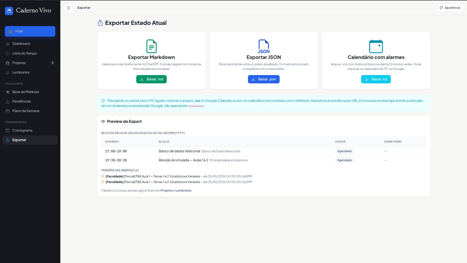 Tela de exportação com opções de Markdown, JSON e calendário .ics