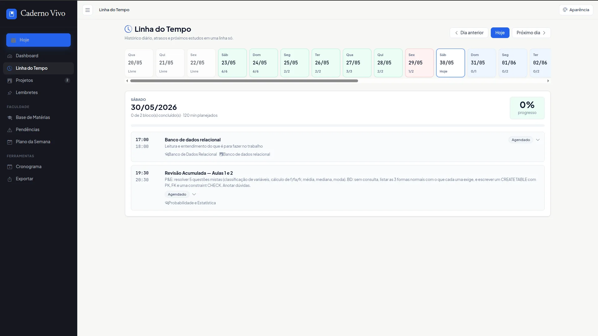 Linha do Tempo mostrando navegação por data e blocos do dia