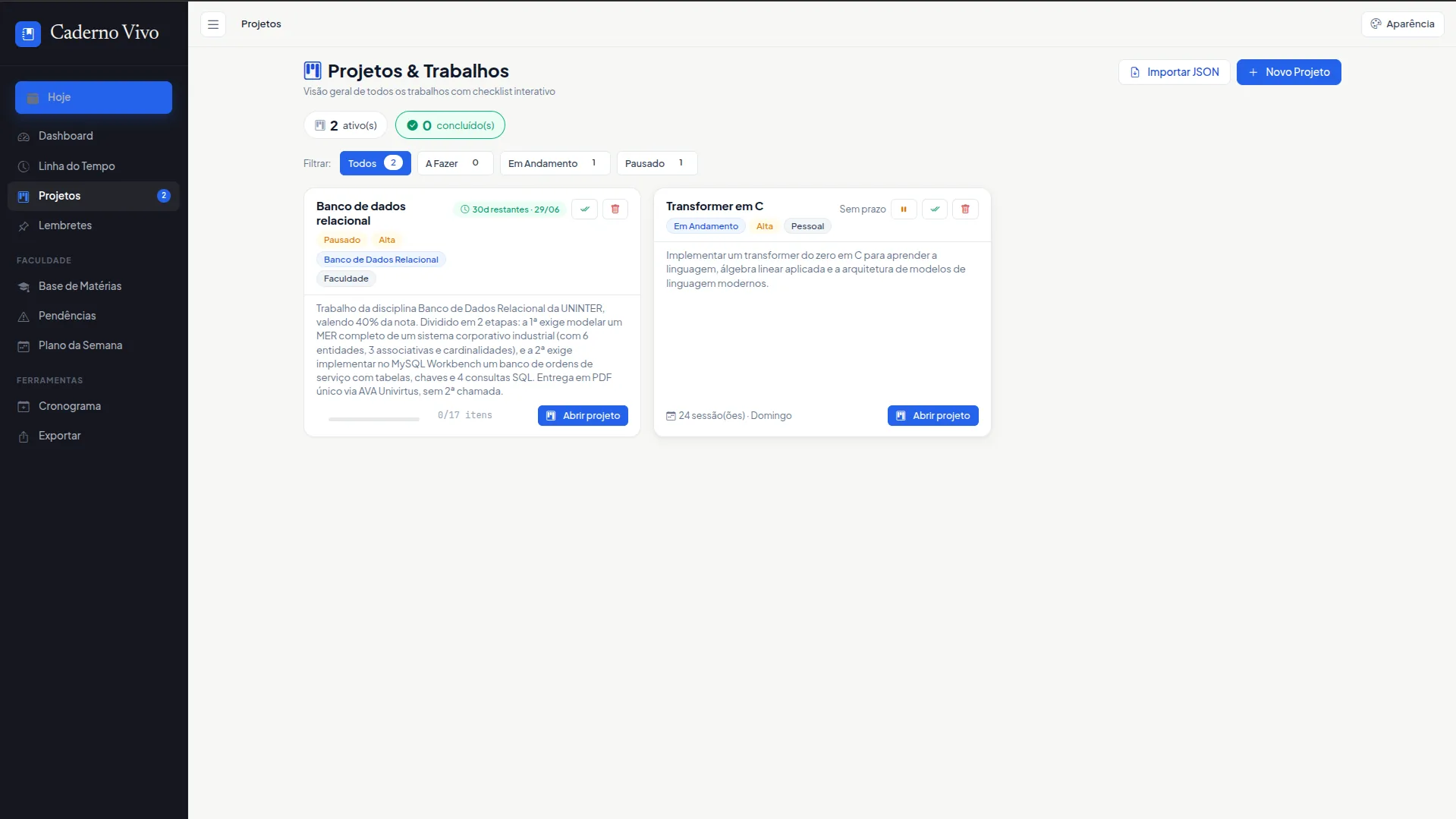 Tela de projetos mostrando cards com checklist e status