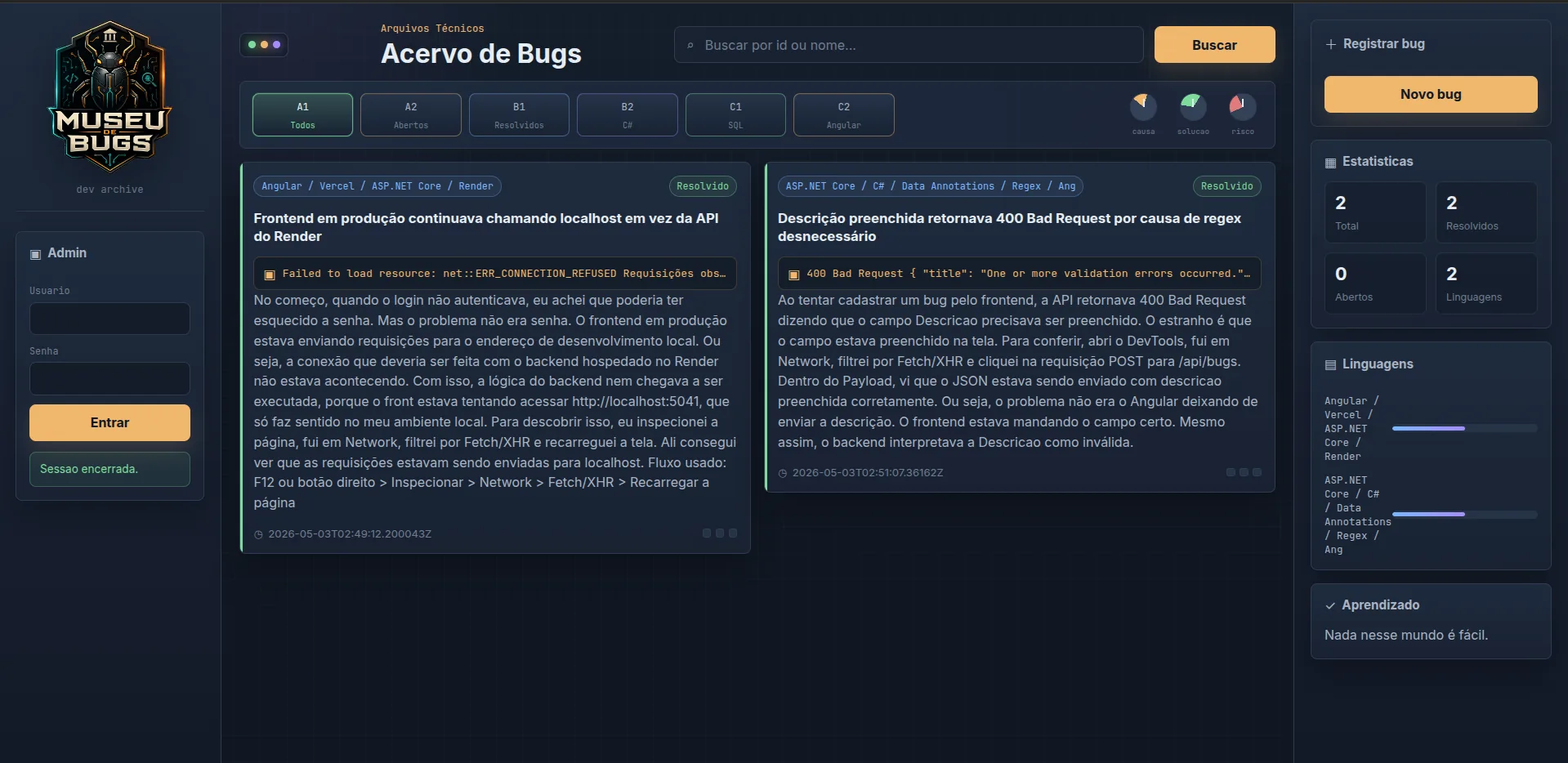 Tela principal do Museu de Bugs mostrando o acervo de bugs registrados